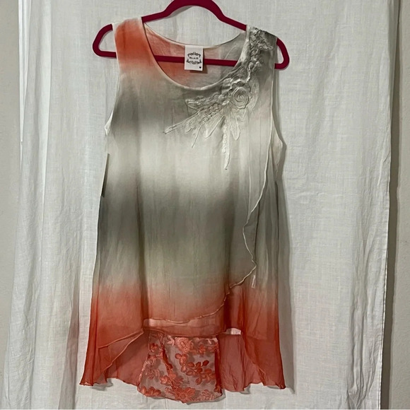 Fleur de Lis Embroidered Ombre Tunic Top Gray Coral Chiffon Women Medium … - Picture 1 of 10